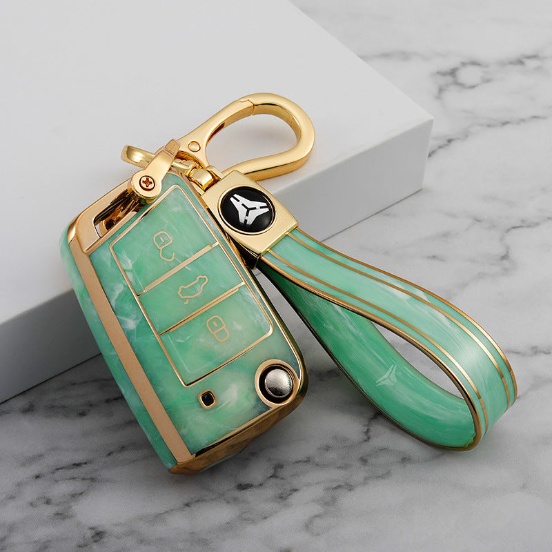 Carsine Volkswagen Car Key Case Gold Inlaid With Jade Green / Key case + strap