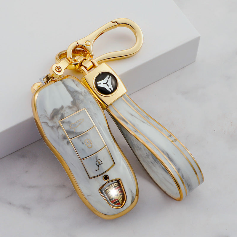Carsine Porsche Car Key Case Gold Inlaid With Jade Grey / Key case + strap