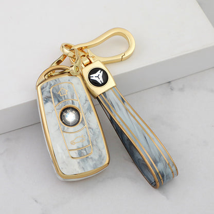 Carsine BMW Car Key Case Gold Inlaid With Jade Grey / Key case + strap