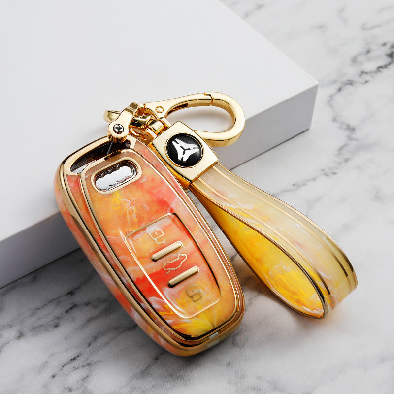 Carsine Audi Car Key Case Gold Inlaid With Jade Yellow / Key case + strap