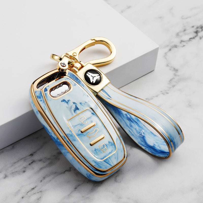 Carsine Audi Car Key Case Gold Inlaid With Jade Blue / Key case + strap