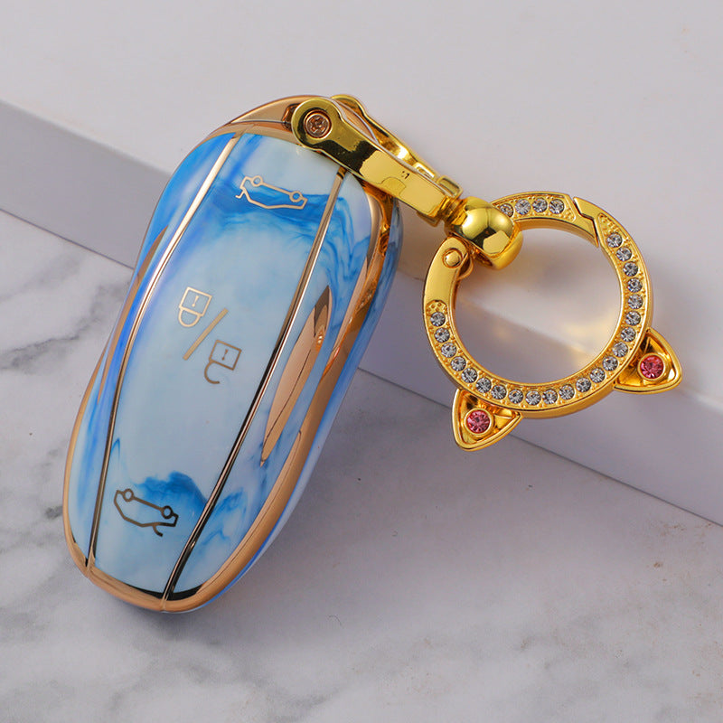 Carsine Tesla Car Key Case Gold Inlaid With Jade Blue / Key case + O chain