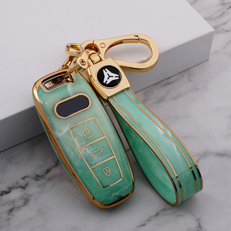 Carsine Audi Car Key Case Gold Inlaid With Jade Green / Key case + strap