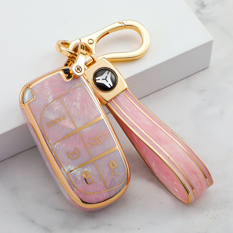 Carsine Jeep Dodge Chrysler Car Key Case Gold Inlaid With Jade Pink / Key case + strap