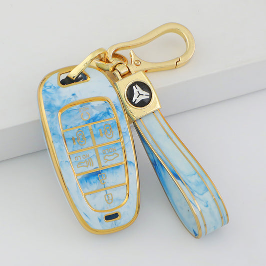 Carsine Hyundai Car Key Case Gold Inlaid With Jade Blue / Key case + strap