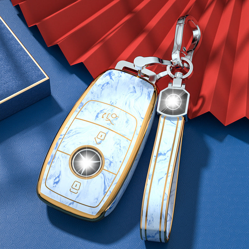 Carsine Mercedes Benz Car Key Case Gold Inlaid With Jade Blue / Key case + strap