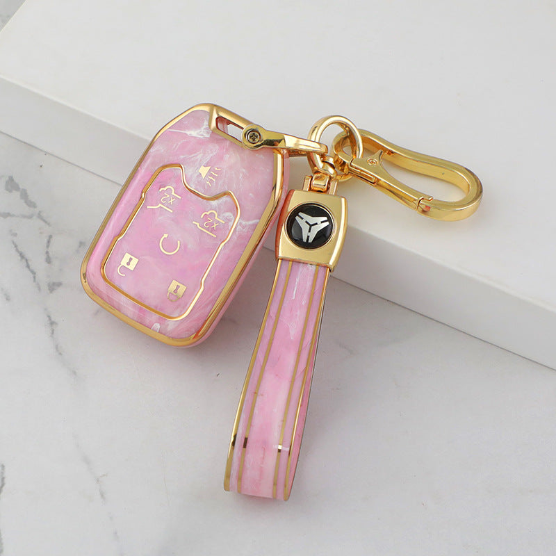 Carsine GMC Car Key Case Gold Inlaid With Jade Pink / Key case + strap