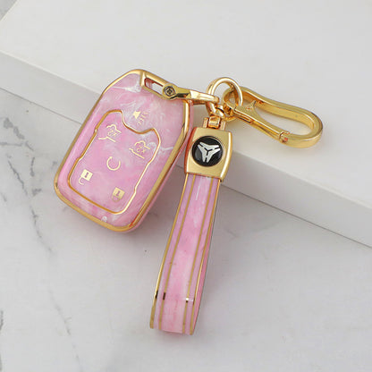 Carsine GMC Car Key Case Gold Inlaid With Jade Pink / Key case + strap