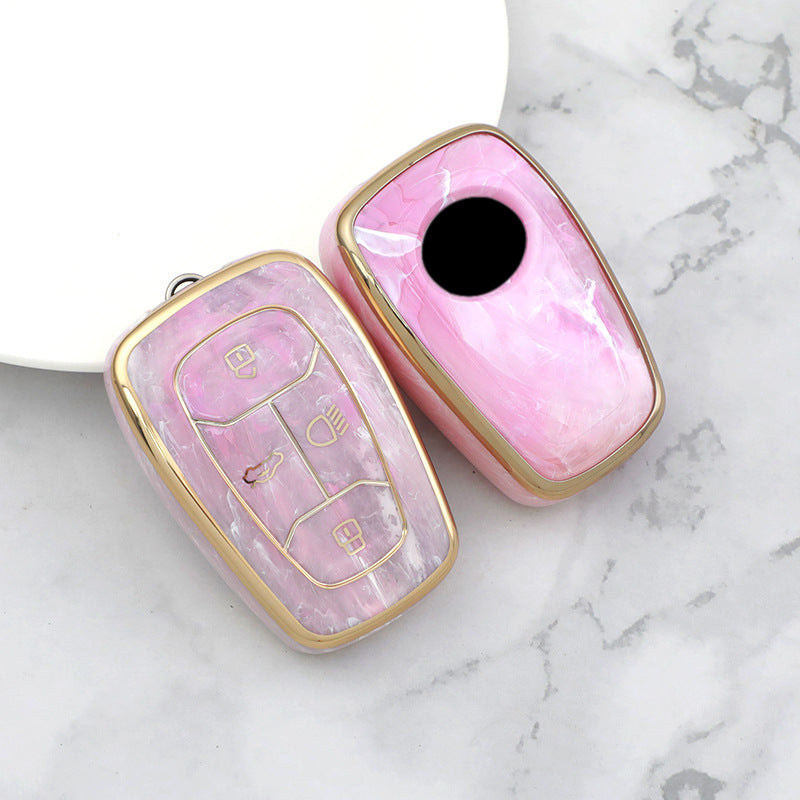 Carsine TATA Car Key Case Gold Inlaid With Jade Pink