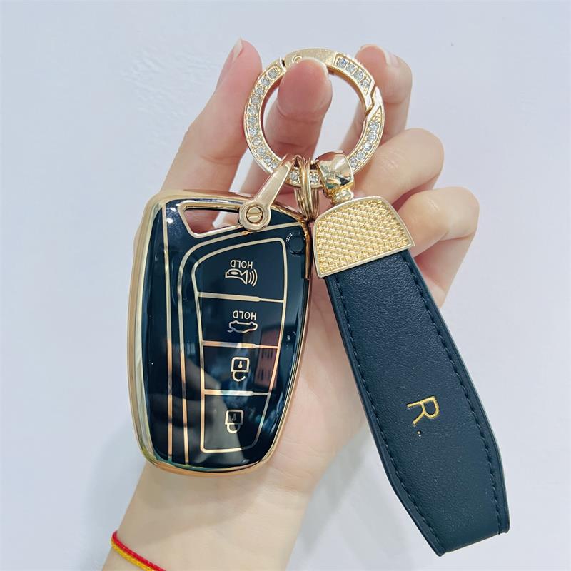 Carsine Hyundai Car Key Case Golden Edge Black / Key case + R strap