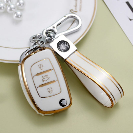 Carsine Hyundai Car Key Case Golden Edge White / Key case + strap