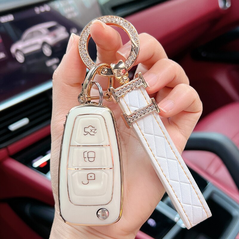 Carsine Ford Car Key Case Golden Edge White / Key case + strap