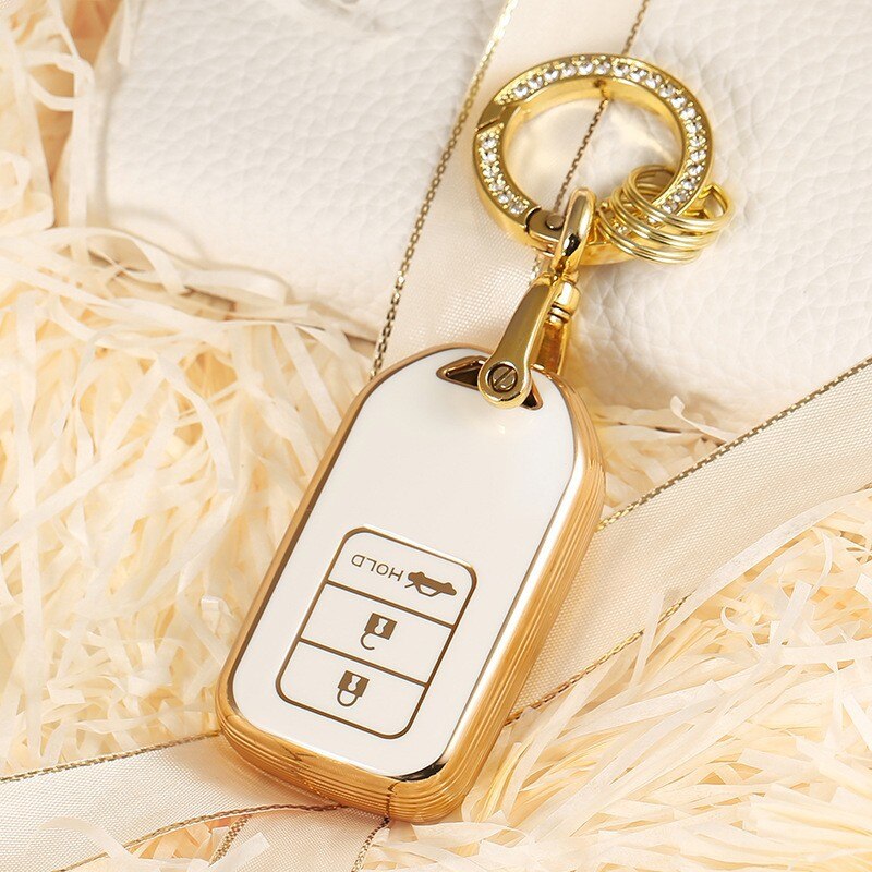 Carsine Honda Acura Car Key Case Golden Edge White / Key case + O chain