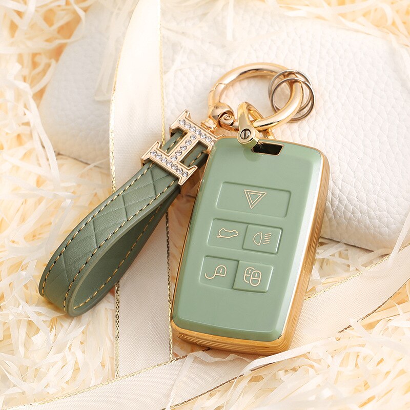 Carsine Land Rover Jaguar Car Key Case Golden Edge Green / Key case + strap