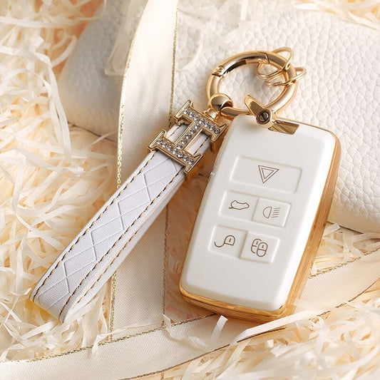 Carsine Land Rover Jaguar Car Key Case Golden Edge White / Key case + strap