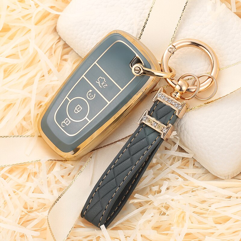 Carsine Ford Car Key Case Golden Edge A / Grey / Key case + strap