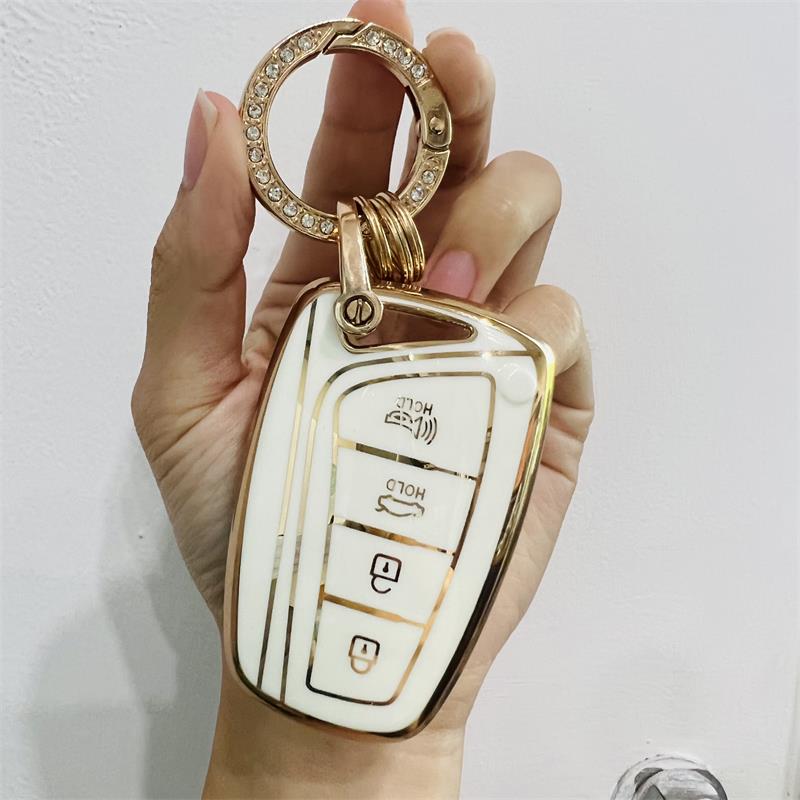Carsine Hyundai Car Key Case Golden Edge White / Key case + O chain