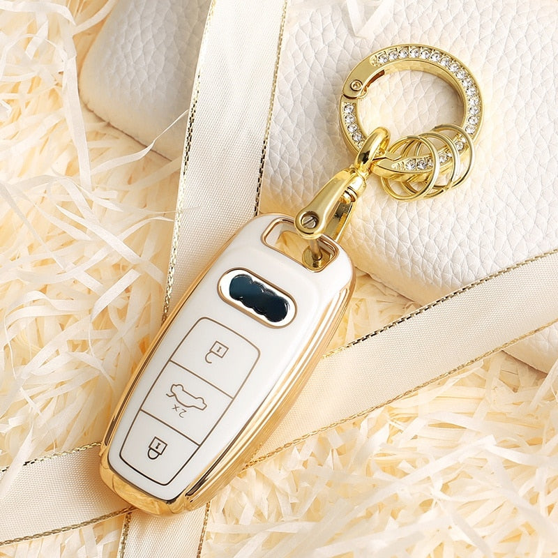 Carsine Audi Car Key Case Golden Edge White / Key case + O chain