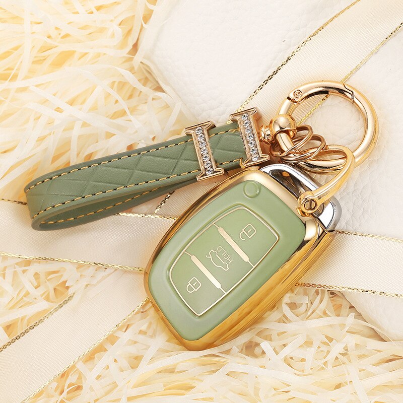 Carsine Hyundai Car Key Case Golden Edge B / Green / Key case + strap