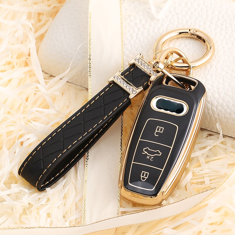 Carsine Audi Car Key Case Golden Edge Black / Key case + strap