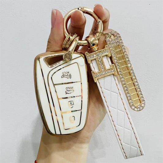 Carsine Hyundai Car Key Case Golden Edge White / Key case + H strap