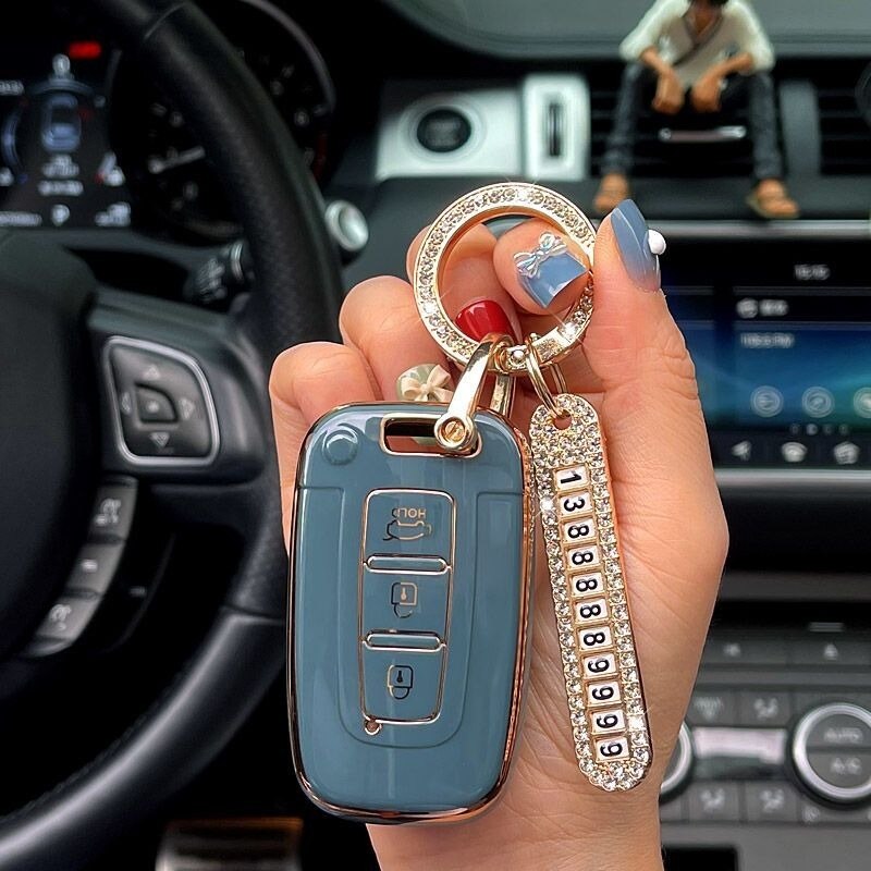 Carsine Hyundai Kia Car Key Case Golden Edge A / Grey / Key case + O chain