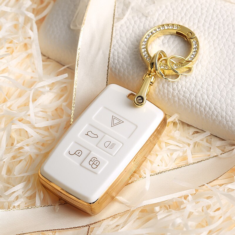 Carsine Land Rover Jaguar Car Key Case Golden Edge White / Key case + O chain