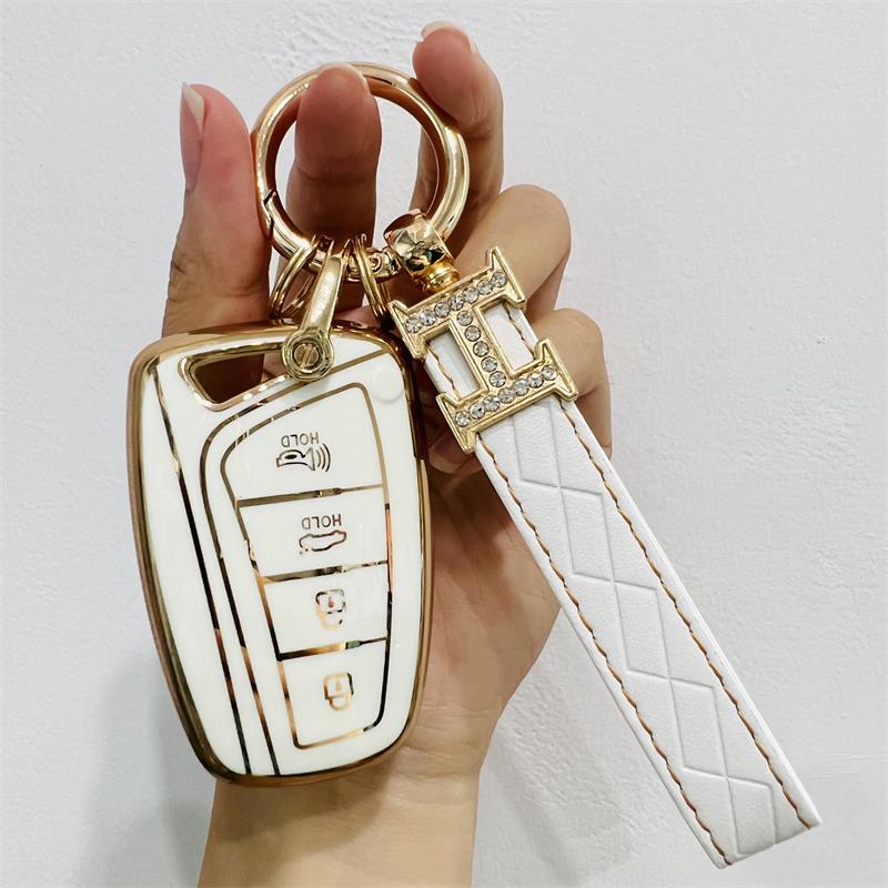 Carsine Hyundai Car Key Case Golden Edge White / Key case + strap