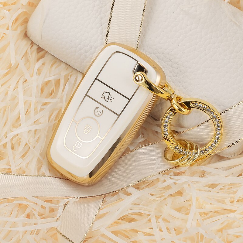 Carsine Ford Car Key Case Golden Edge A / White / Key case + O chain