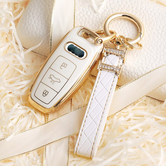 Carsine Audi Car Key Case Golden Edge White / Key case + strap