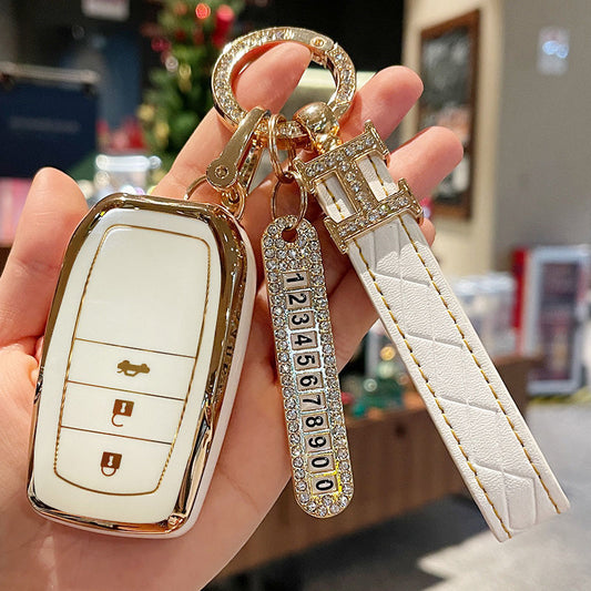 Carsine Toyota Car Key Case Golden Edge White / Key case + strap