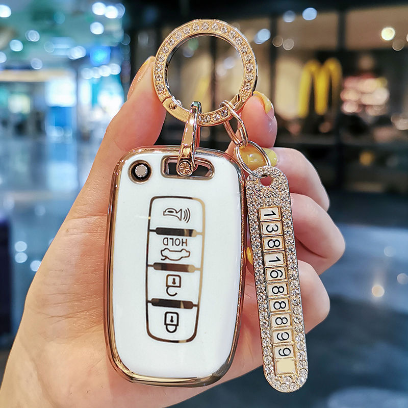 Carsine Hyundai Kia Car Key Case Golden Edge B / White / Key case + O chain