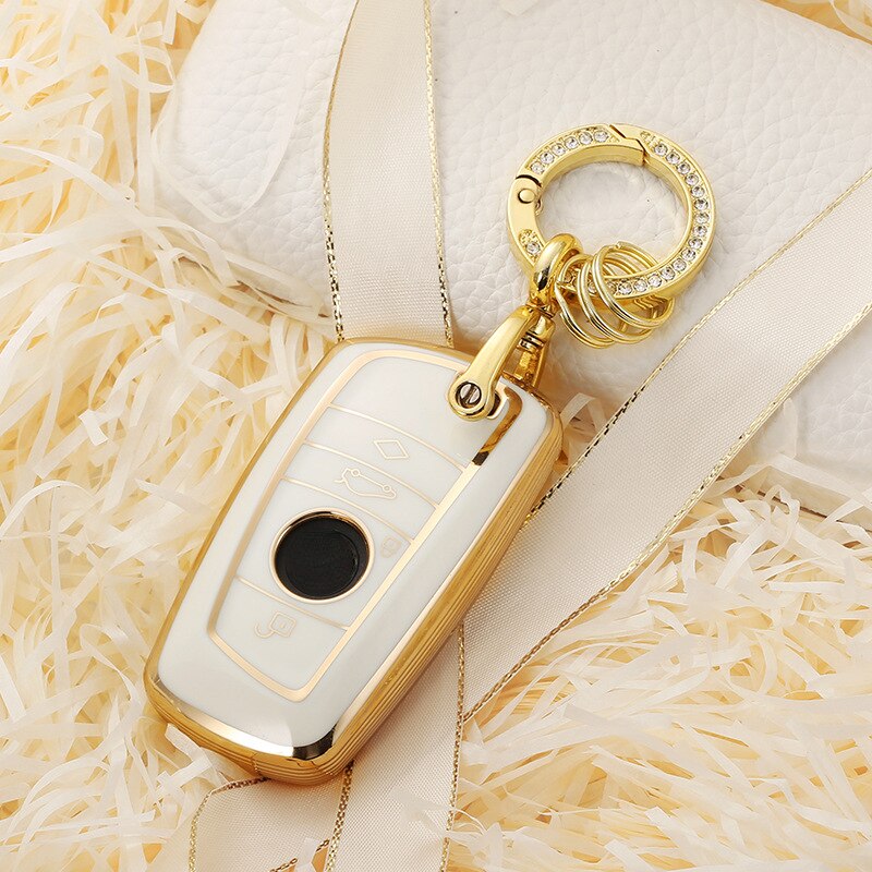 Carsine BMW Car Key Case Golden Edge White / Key case + O chain