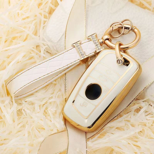 Carsine BMW Car Key Case Golden Edge White / Key case + strap