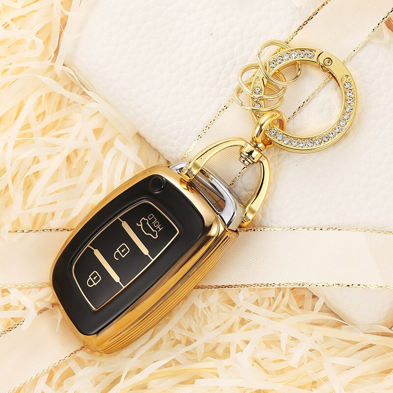 Carsine Hyundai Car Key Case Golden Edge A / Black / Key case + O chain