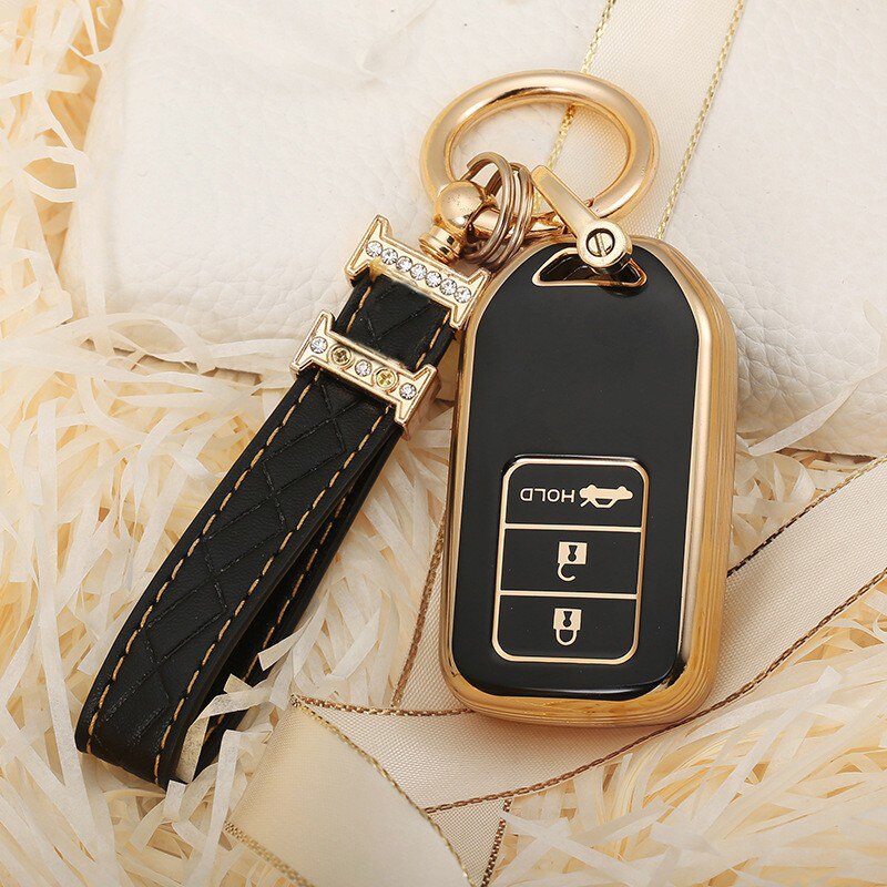 Carsine Honda Acura Car Key Case Golden Edge Black / Key case + strap