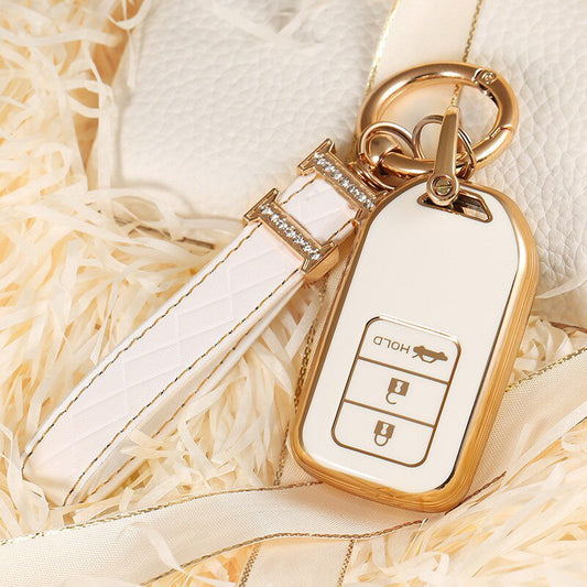 Carsine Honda Acura Car Key Case Golden Edge White / Key case + strap