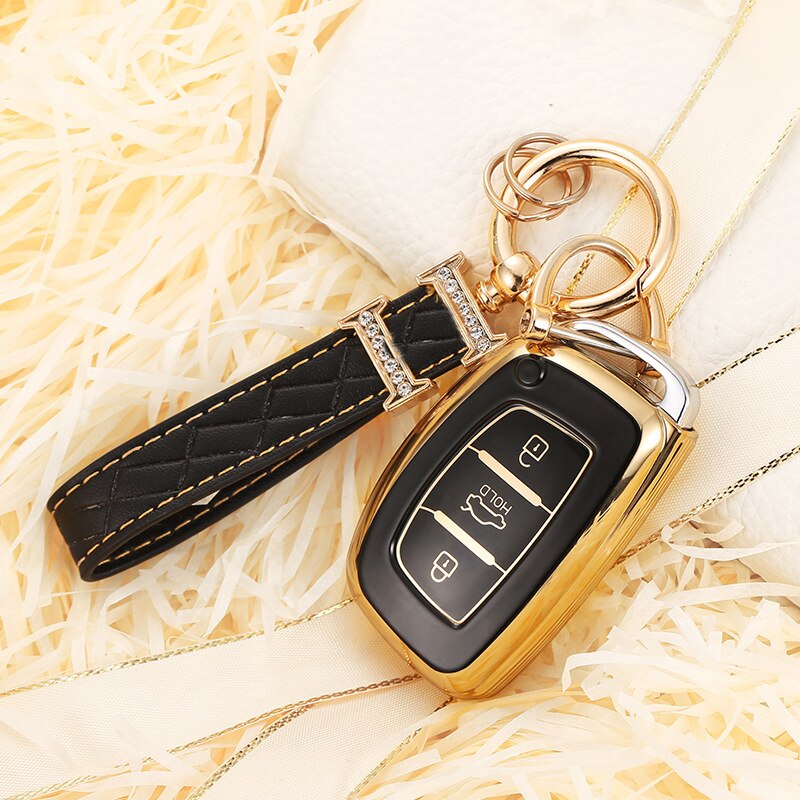 Carsine Hyundai Car Key Case Golden Edge B / Black / Key case + strap