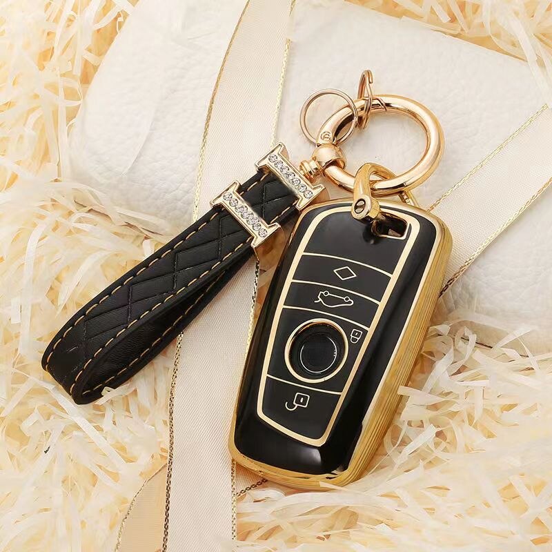 Carsine BMW Car Key Case Golden Edge Black / Key case + strap