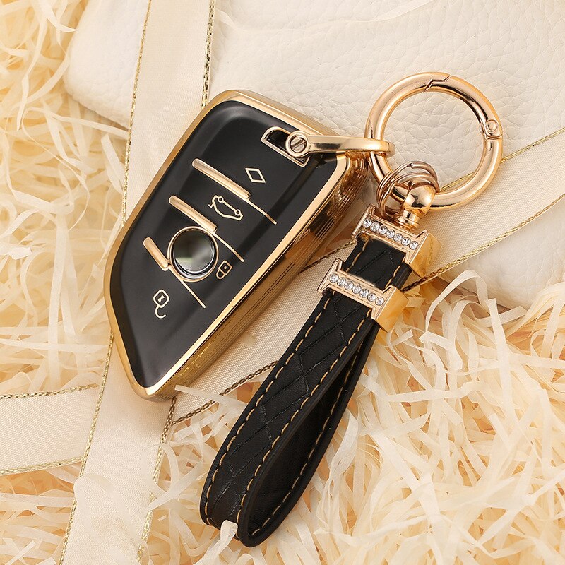 Carsine BMW Car Key Case Golden Edge Black / Key case + strap