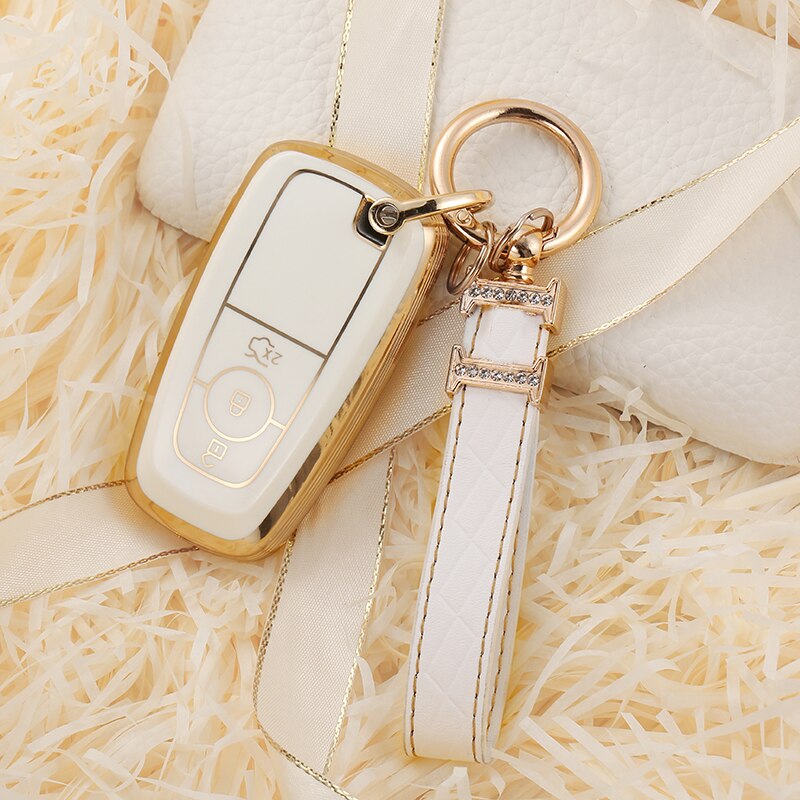 Carsine Ford Car Key Case Golden Edge B / White / Key case + strap