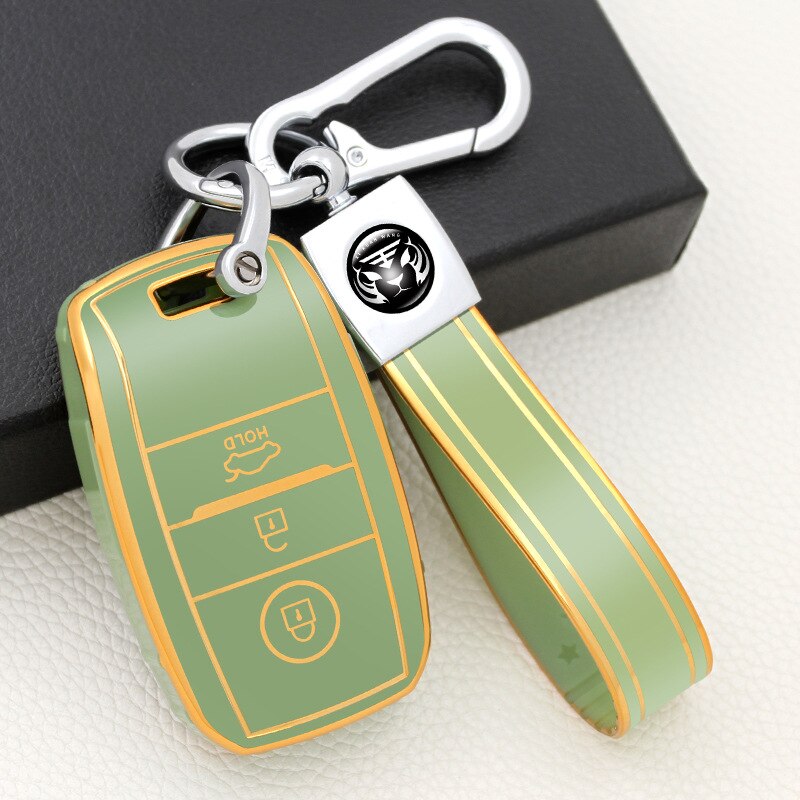 Carsine Kia Car Key Case Golden Edge 3 Buttons / Green / Key case + strap