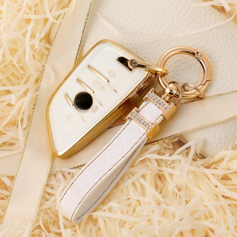 Carsine BMW Car Key Case Golden Edge White / Key case + strap