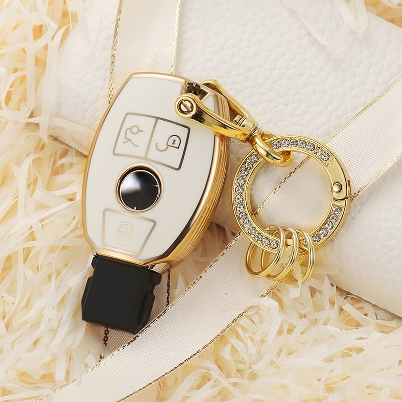 Carsine Mercedes Benz Car Key Case Golden Edge White / Key case + O chain