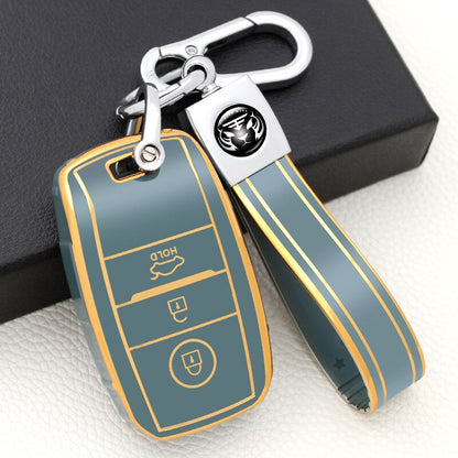 Carsine Kia Car Key Case Golden Edge 3 Buttons / Grey / Key case + strap
