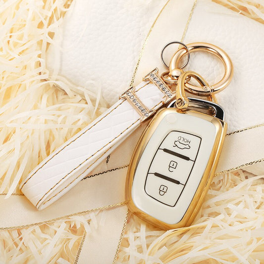 Carsine Hyundai Car Key Case Golden Edge A / White / Key case + strap