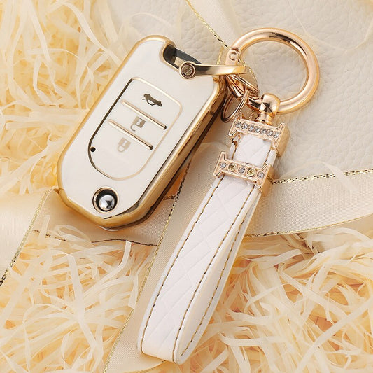 Carsine Honda Acura Car Key Case Golden Edge White / Key case + strap