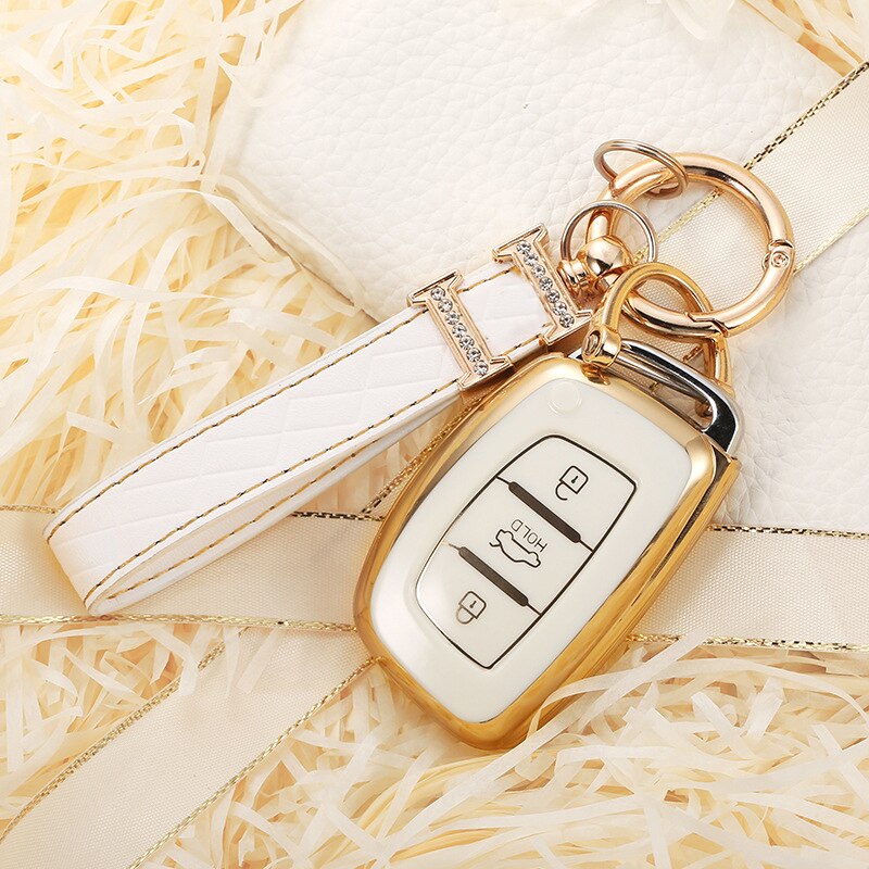 Carsine Hyundai Car Key Case Golden Edge B / White / Key case + strap