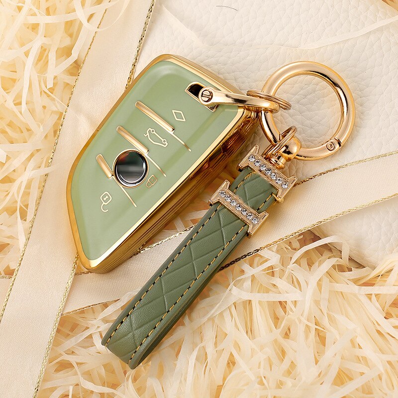 Carsine BMW Car Key Case Golden Edge Green / Key case + strap