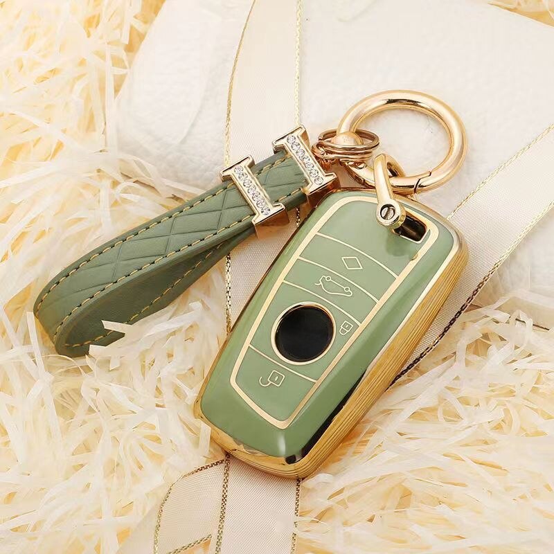 Carsine BMW Car Key Case Golden Edge Green / Key case + strap